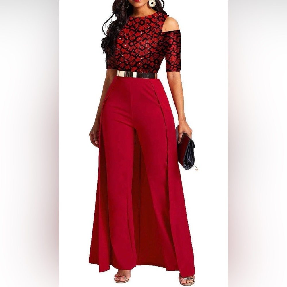 VERWIN Patchwork Overlay Embellished Women’s High-Waisted Jumpsuit